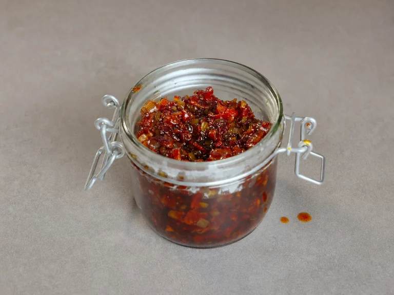 Bacon Jam im offenen Einmachglas, dunkelrote Speckmarmelade