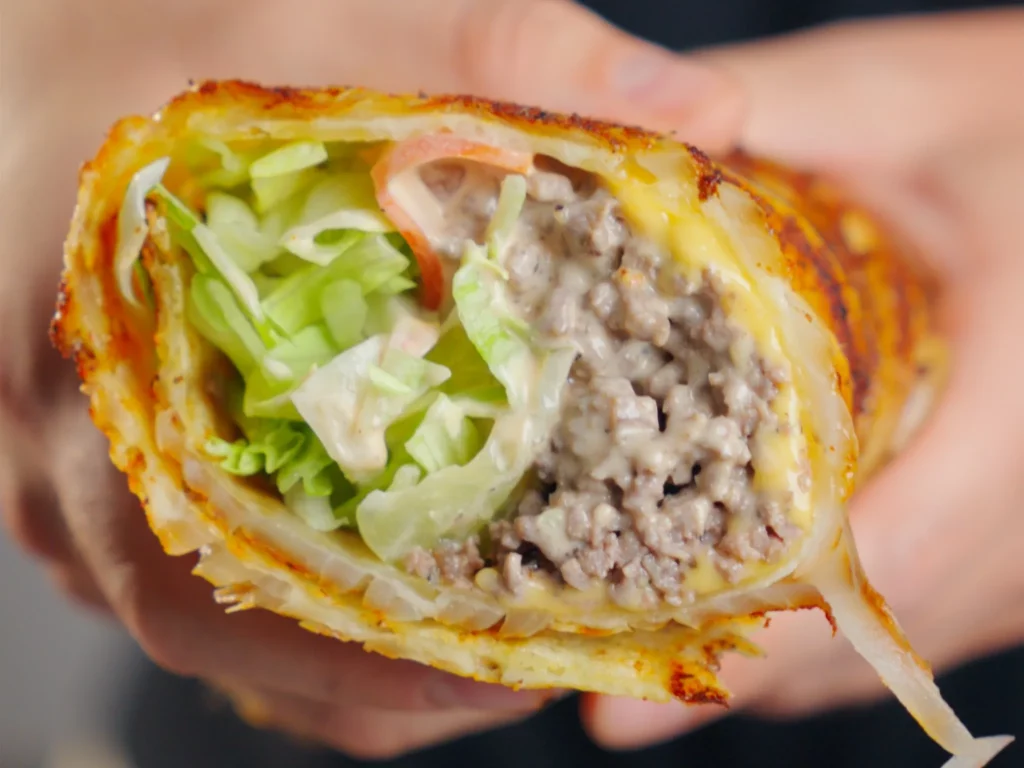Aufgeschnittener Big Mac Wrap mit Rinderhack, Käse und Salat