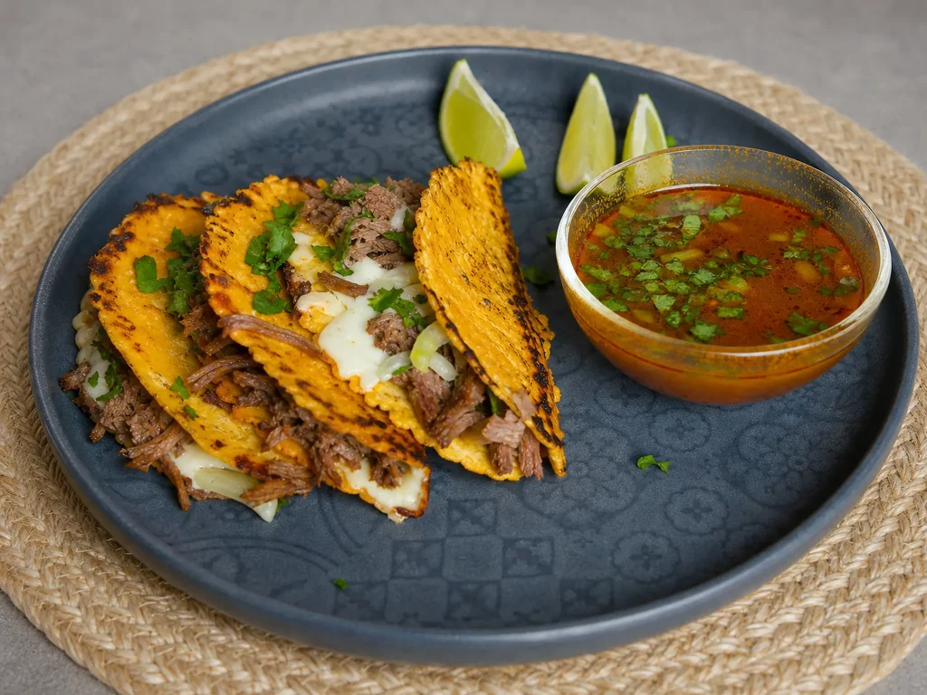 Birria Tacos mit geschmortem Rindfleisch, serviert mit Consomé zum Dippen