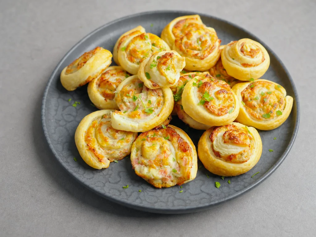 Blätterteig-Schnecken mit Schinken und Käse, garniert mit Petersilie auf einem Teller