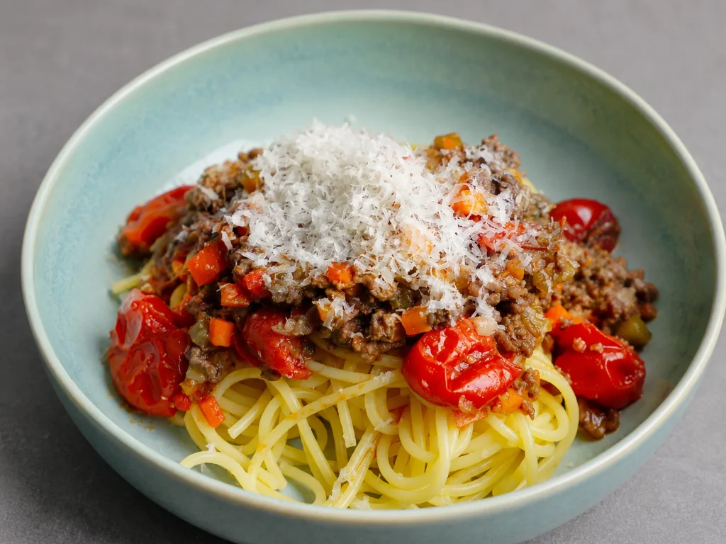 Spaghetti Bolognese – Nudeln mit langsam geschmorter Rinderhack-Sauce, Kirschtomaten und Parmesan