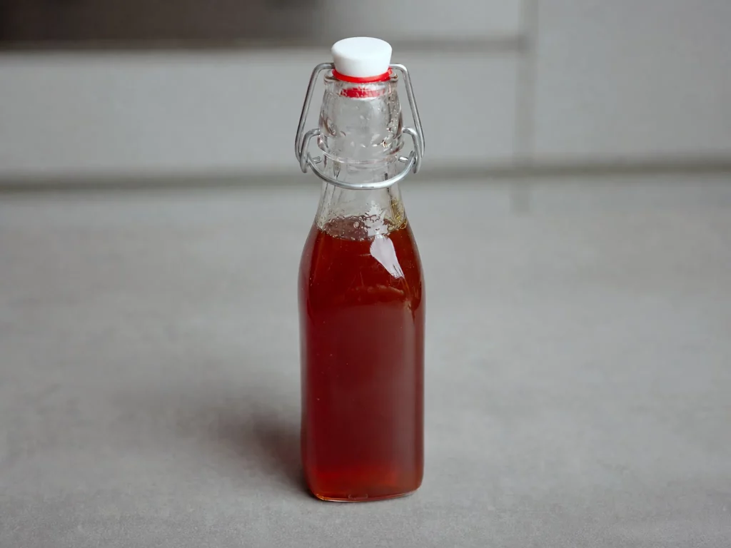 Bratapfelsirup in Bügelverschlussflasche, rotgoldener Sirup, Nahaufnahme von vorne