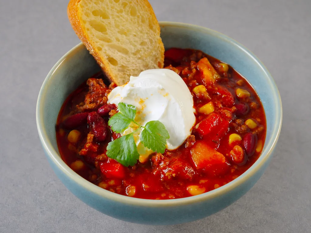 Chili con Carne – in blauer Schale mit Schmand, Koriander und geröstetem Baguette