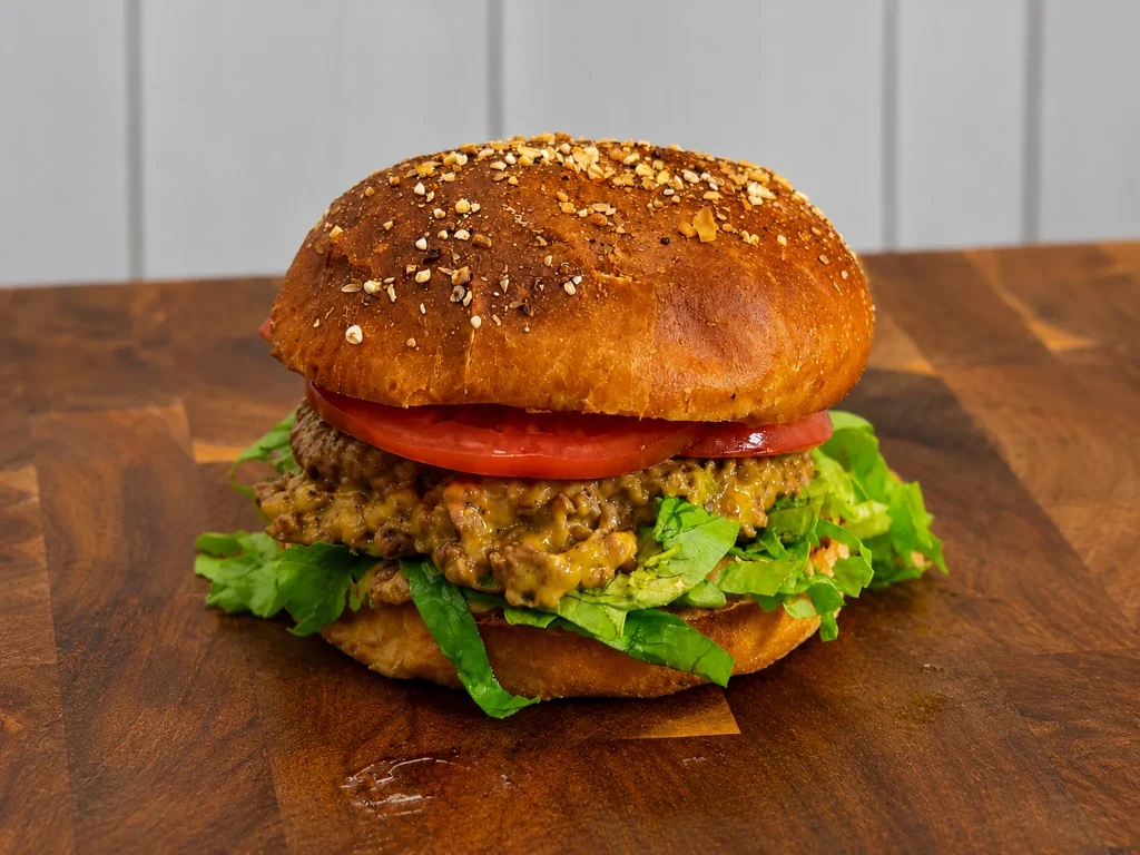 Chopped Cheeseburger – Burger mit geschmolzenem Cheddar, Salat und Tomate, seitliche Ansicht