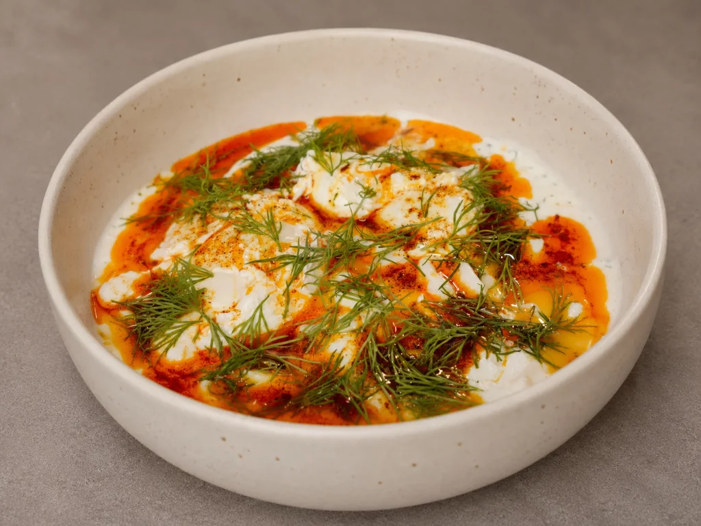 Çılbır – pochierte Eier auf cremigem Joghurt mit Chilibutter und viel Dill in heller Schale, schräg von oben