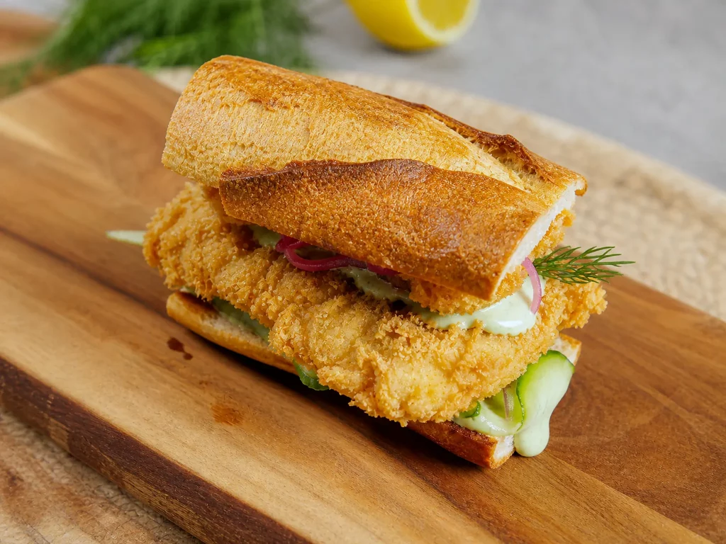 Crispy Fish Sandwich im Baguette mit Limetten-Dill-Aioli, Gurke und roten Zwiebeln