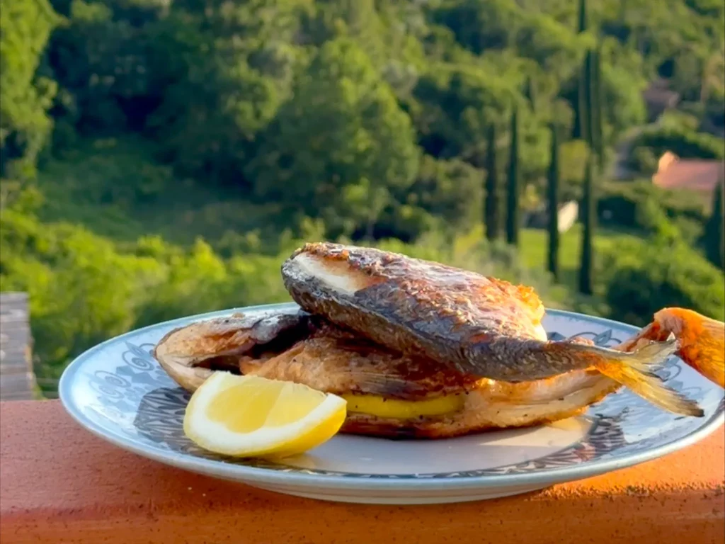 Dorade – goldbraun gebratene ganze Dorade mit Zitronenscheibe auf Teller, im Hintergrund mediterrane Kulisse
