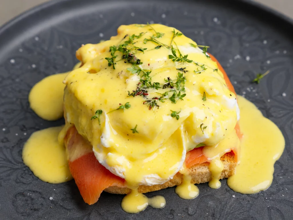 Eggs Benedict – pochiertes Ei auf Räucherlachs und Toast mit Sauce Hollandaise, von der Seite