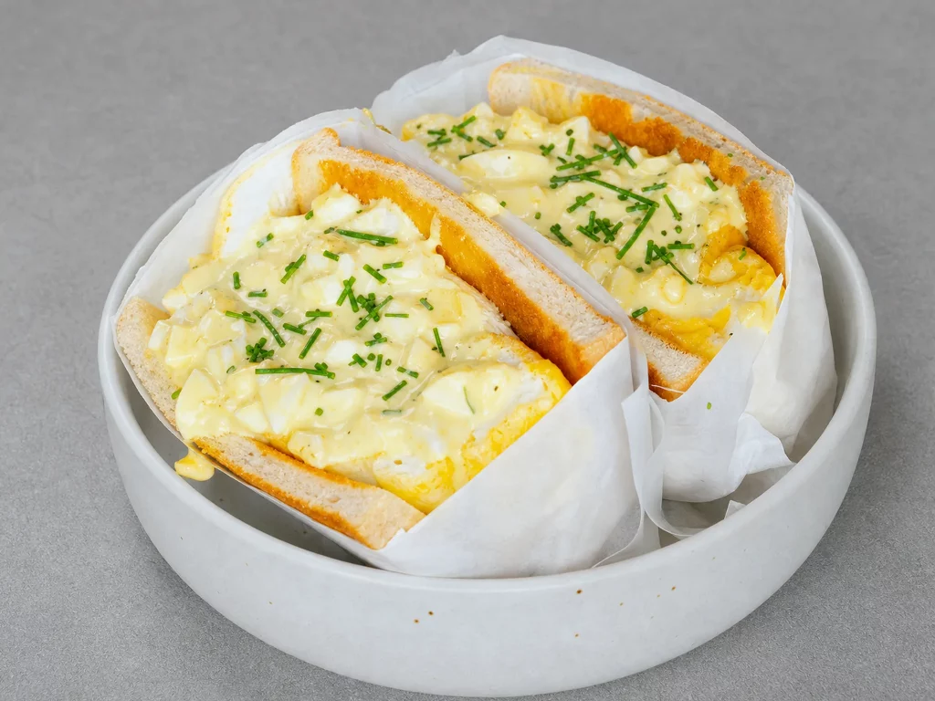 Eier Wolken Sandwich mit Eiersalat zwischen getoasteten Brotscheiben