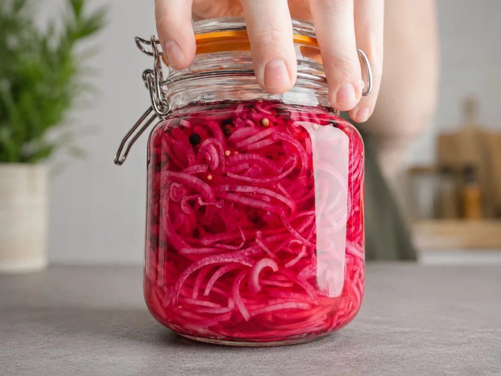 Eingelegte rote Zwiebeln – Einmachglas mit pink eingelegten Zwiebelringen und Gewürzen, in der Hand gehalten