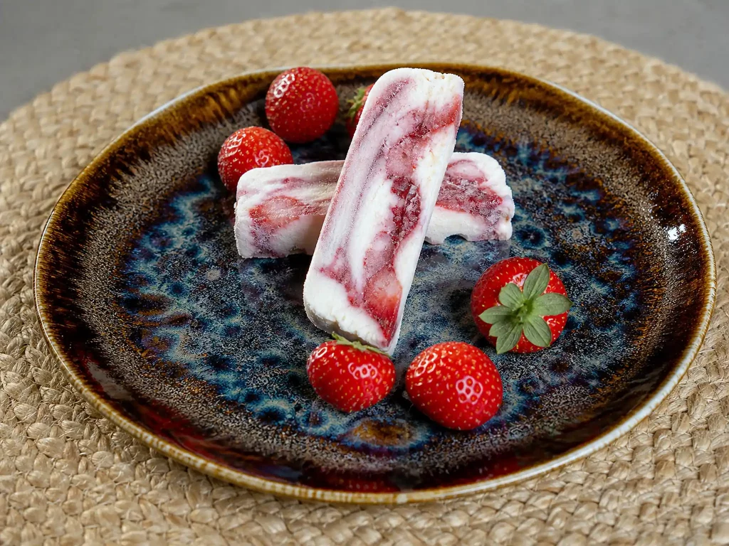 Erdbeer Basilikum Parfait in Scheiben mit frischen Erdbeeren auf Keramikteller