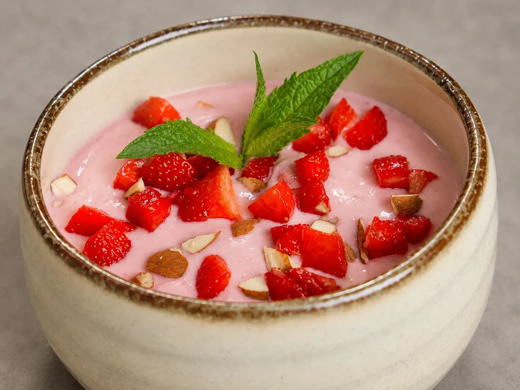 High Protein Erdbeer-Creme – cremiges Erdbeer-Quark-Dessert mit Mandeln und Minze, von oben