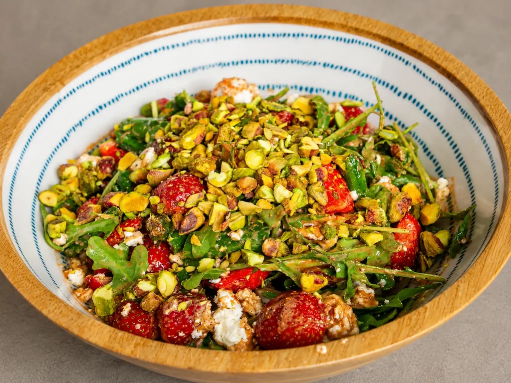 Erdbeer Spargelsalat mit gebratenem Spargel, Rucola, Feta und Pistazien in einer Schüssel, von oben