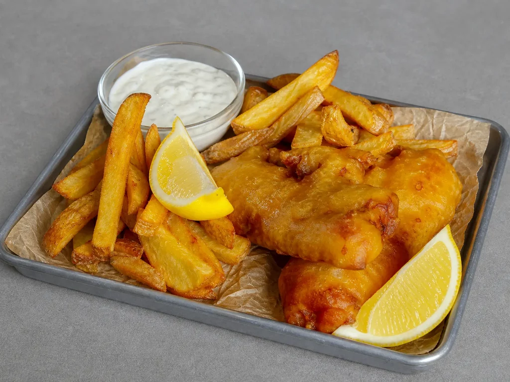 Fish and Chips mit Bierteig-Fisch, Pommes und Sauce Tartar