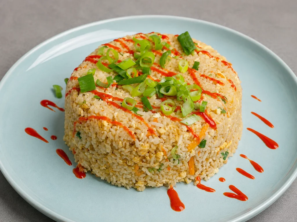 Gebratener Reis mit Ei und Gemüse, angerichtet als Turm mit Sriracha und Frühlingszwiebeln, von oben
