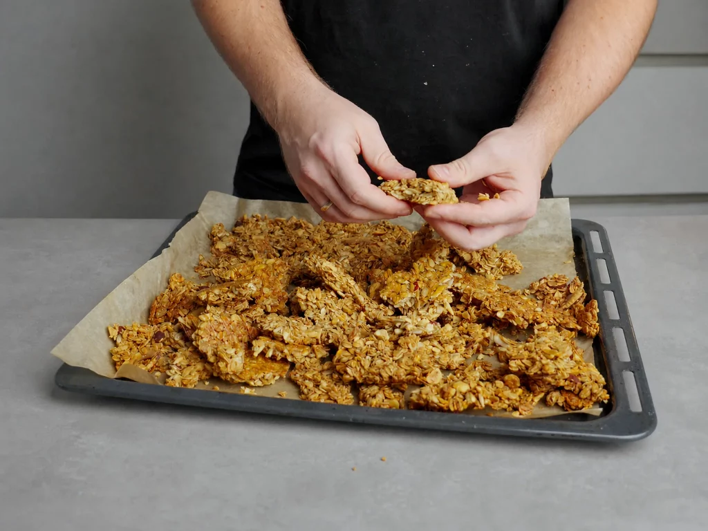 Granola Bites – knuspriges Granola in Stücke gebrochen auf Backblech