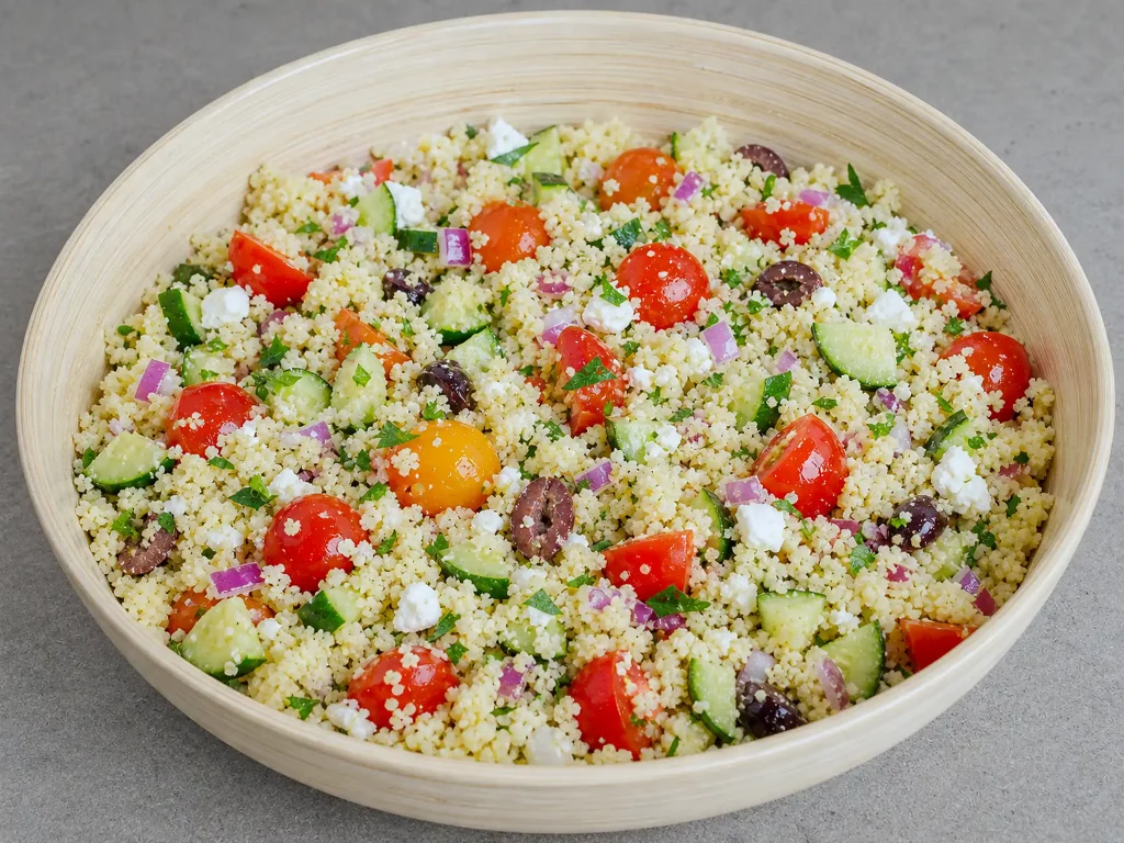 Griechischer Couscous-Salat mit Tomaten, Gurke, Feta und Oliven in Holzschale