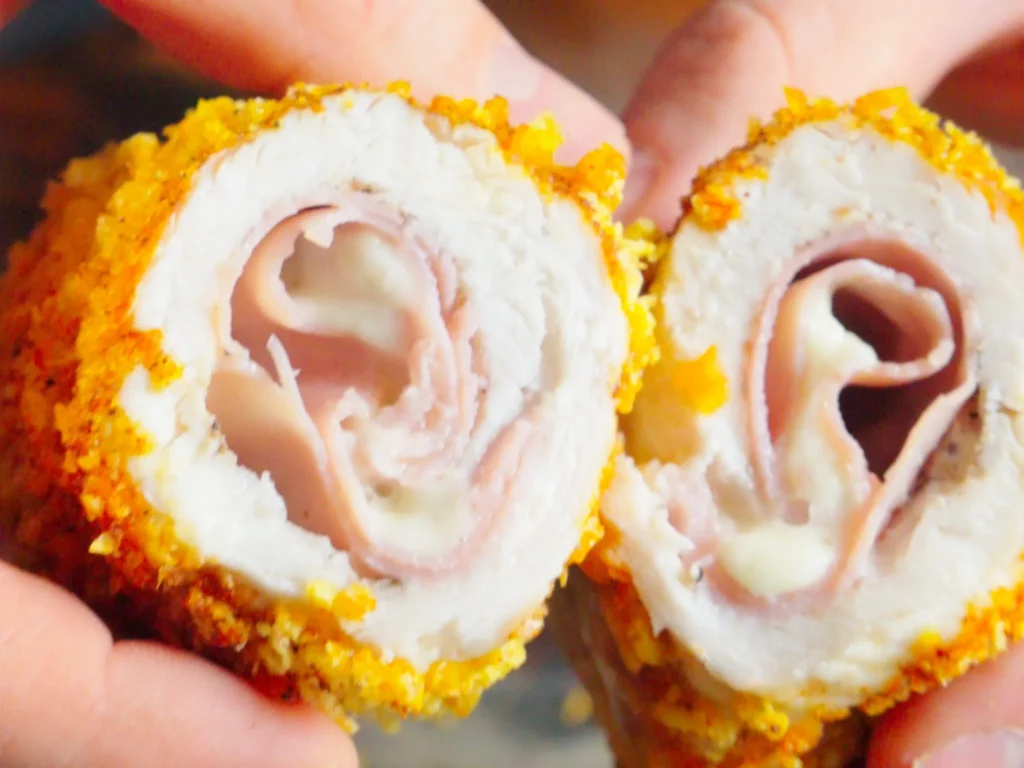 Aufgeschnittenes Hähnchen Cordon Bleu mit Schinken- und Käsefüllung in der Hand