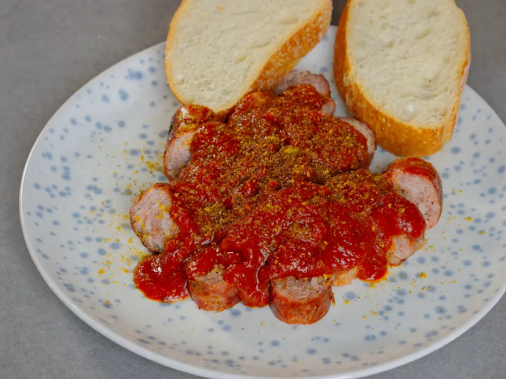 Hausgemachte Currywurst – Bratwurstscheiben mit selbstgemachter Currysauce und Baguette