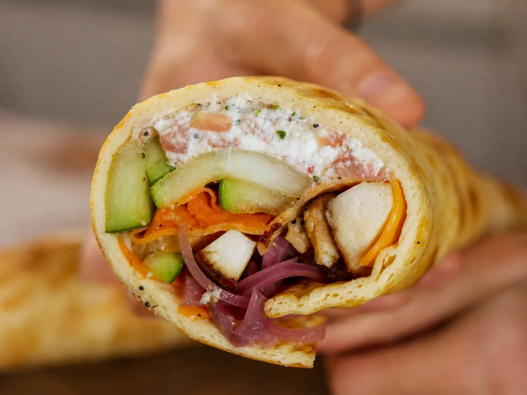 Hüttenkäse Wrap gefüllt mit Gemüse und Hähnchen im Querschnitt