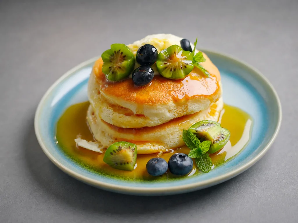 Japanische Souffle Pancakes – hoher, fluffiger Pancake-Stapel mit Kiwi, Blaubeeren und Sahne