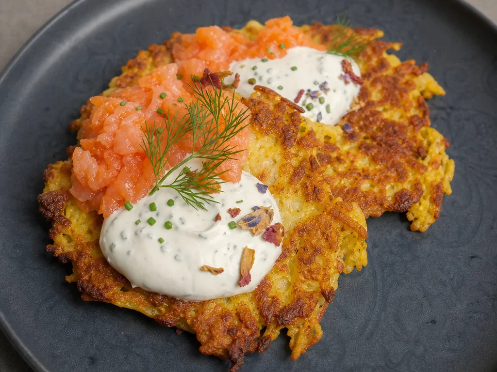 Kartoffelpuffer mit Lachs und cremigem Dill-Dip
