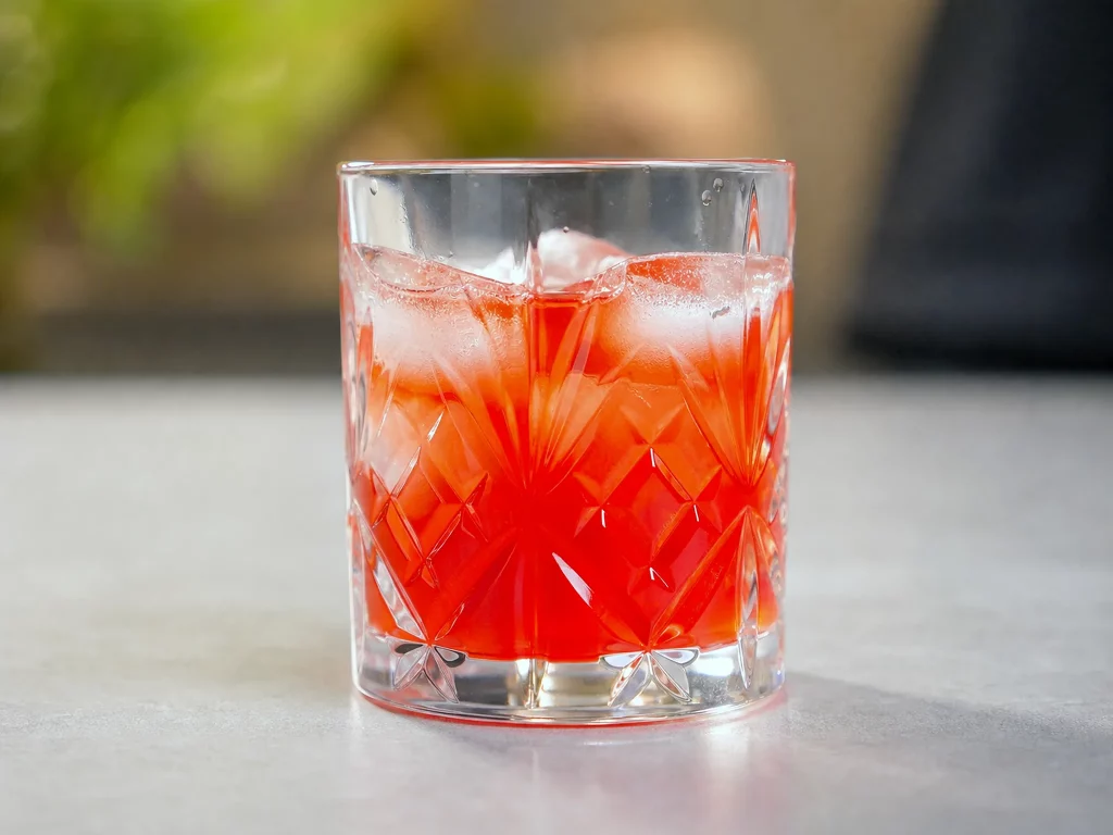 Selbstgemachter Kombucha mit Hibiskus in Glas mit Eiswürfeln