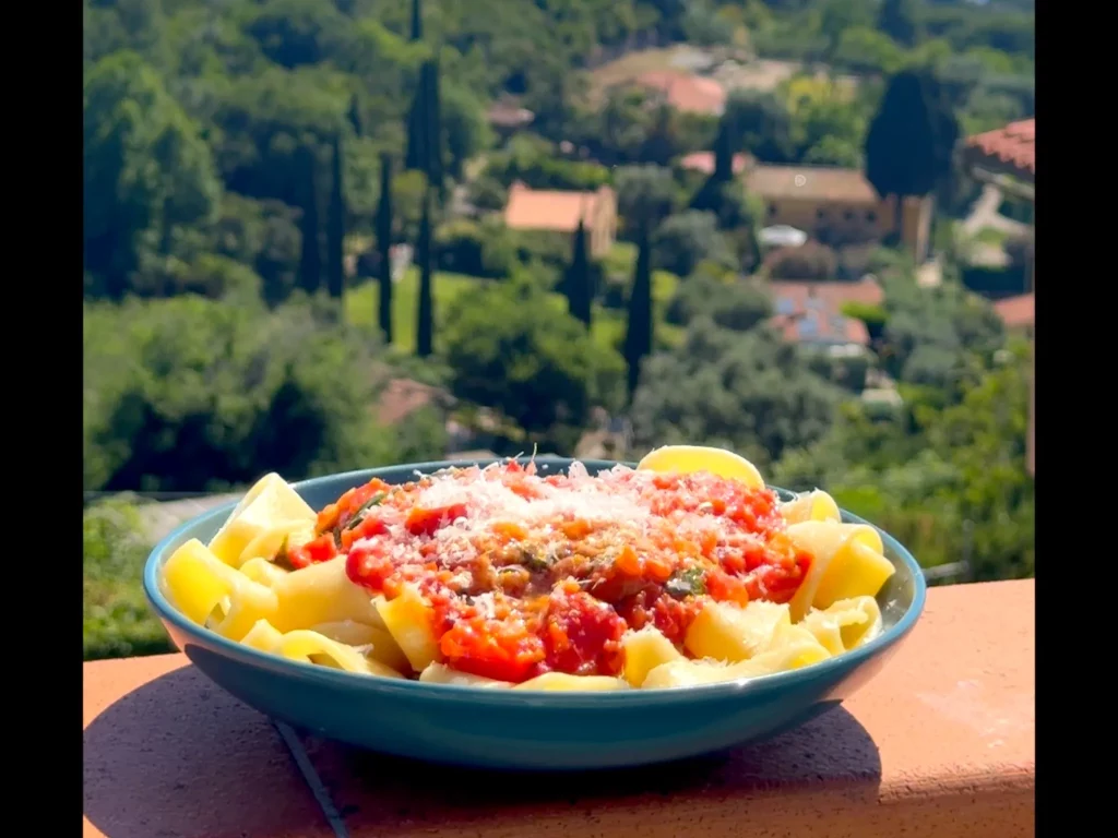 Pasta mit Marinara-Tomatensoße und Parmesan in blauer Schale, im Hintergrund toskanische Landschaft