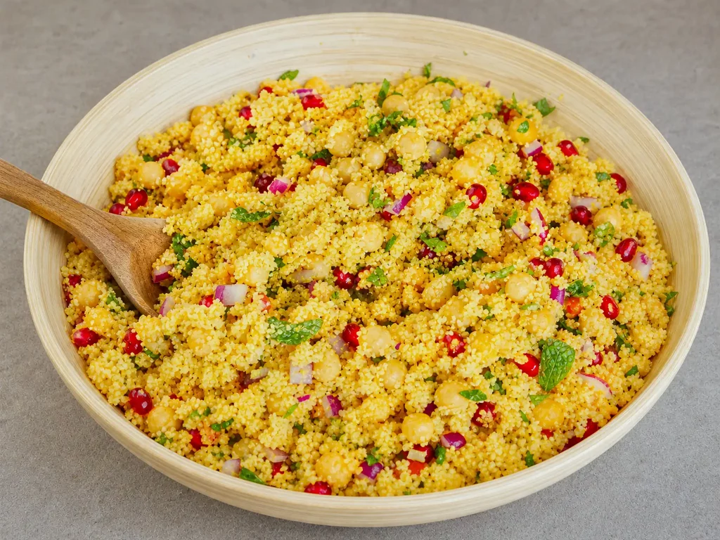 Orientalischer Couscous-Salat mit Kichererbsen, Granatapfelkernen und Minze
