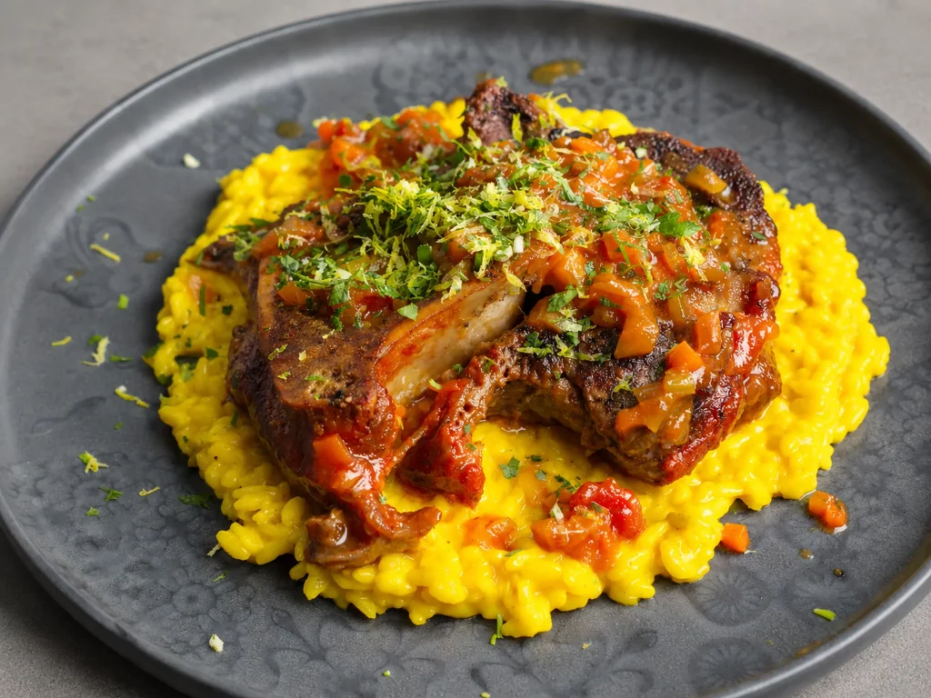 Ossobuco mit Risotto Milanese – geschmorte Kalbsbeinscheibe mit Gremolata auf safrangelbem Risotto