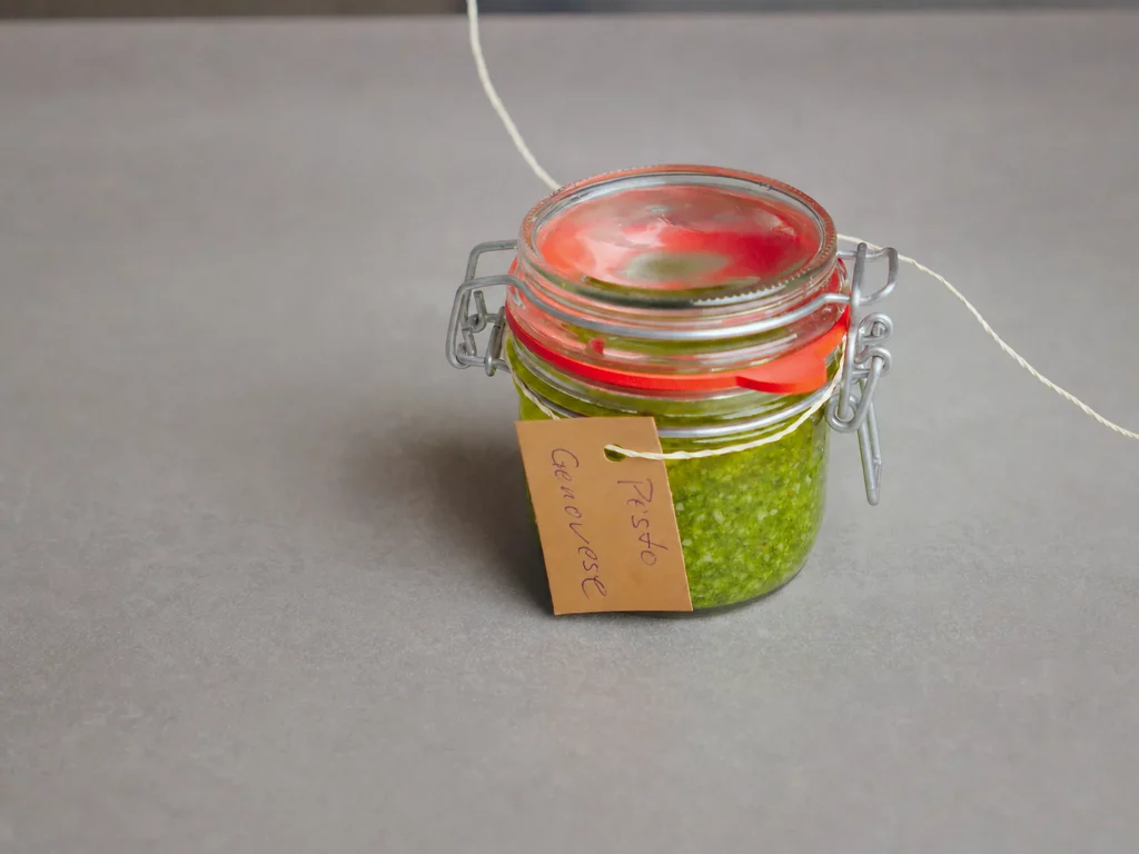 Pesto Genovese im Bügelglas mit handbeschriftetem Kraftpapier-Anhänger "Pesto Genovese"