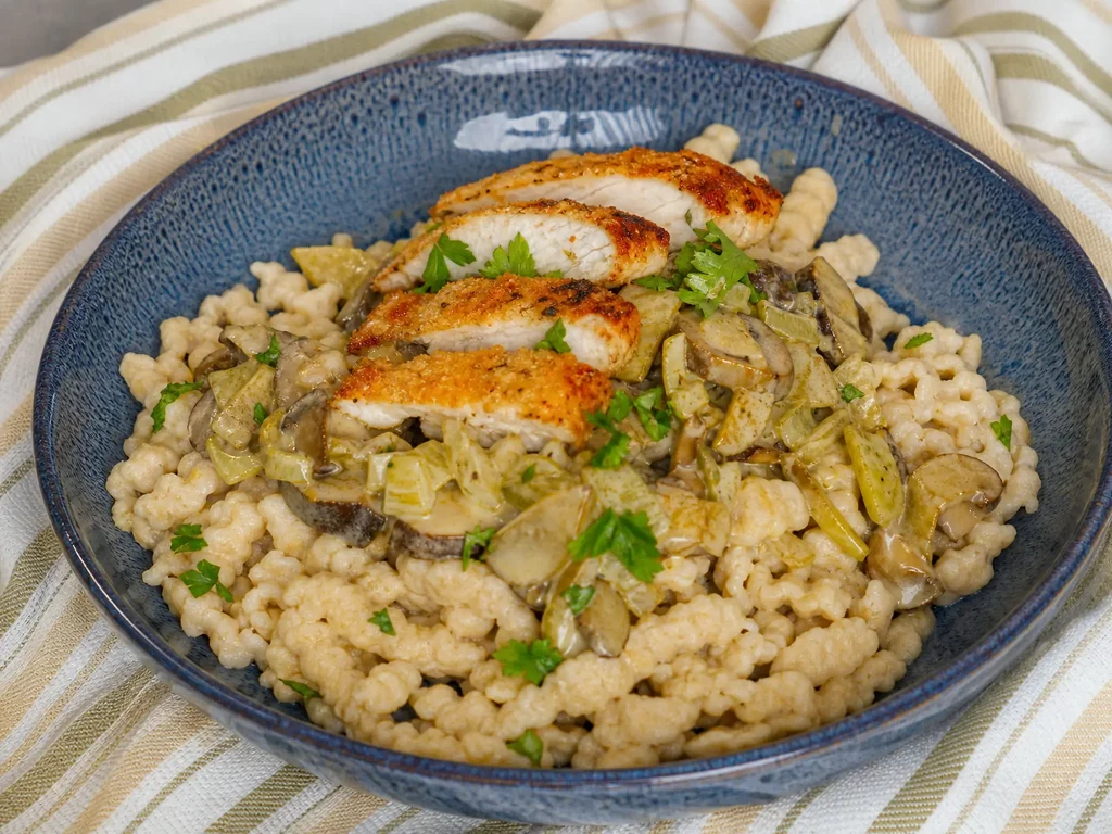 Pilzragout mit selbstgemachten Spätzle und Pollo Fino in einer Schale
