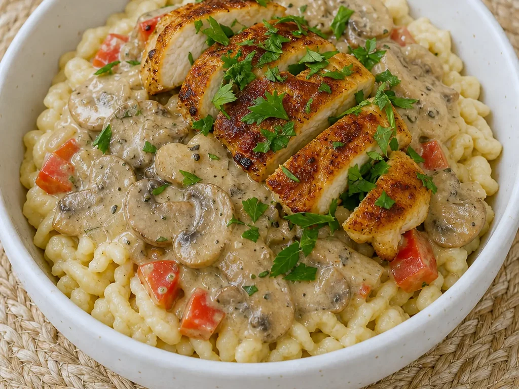 Pilzrahm mit Hähnchenbrust und Spätzle in einer Schale