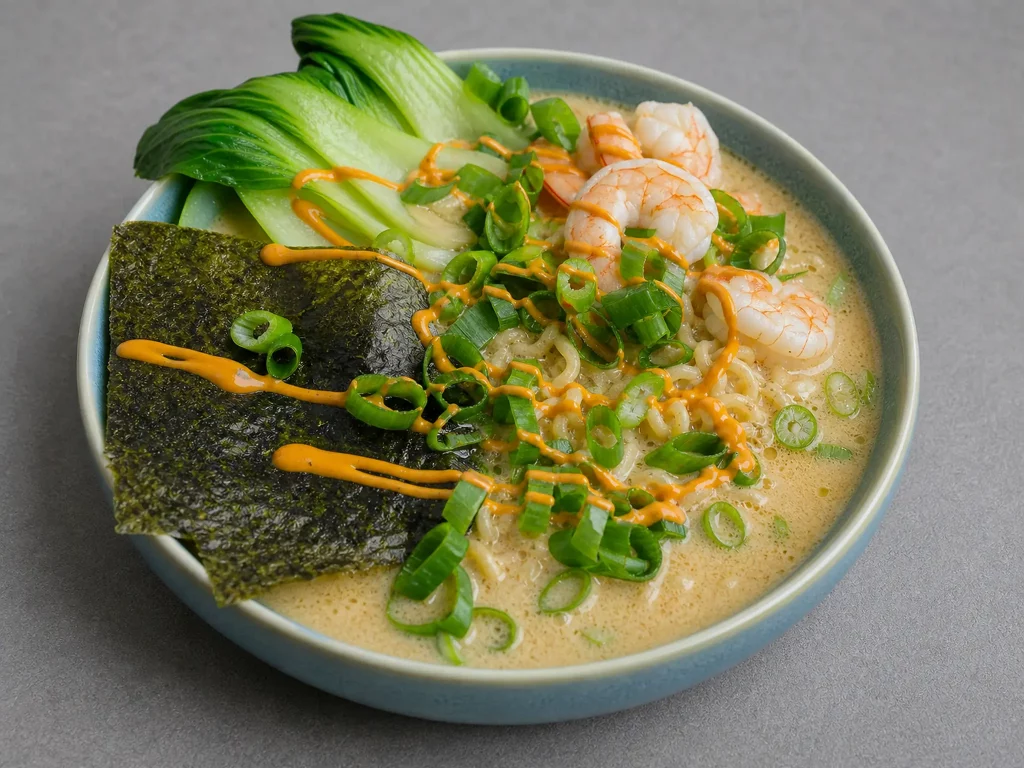 Ramen – asiatische Nudelsuppe mit Garnelen, Pak Choi, Nori und Sriracha-Mayo, von oben