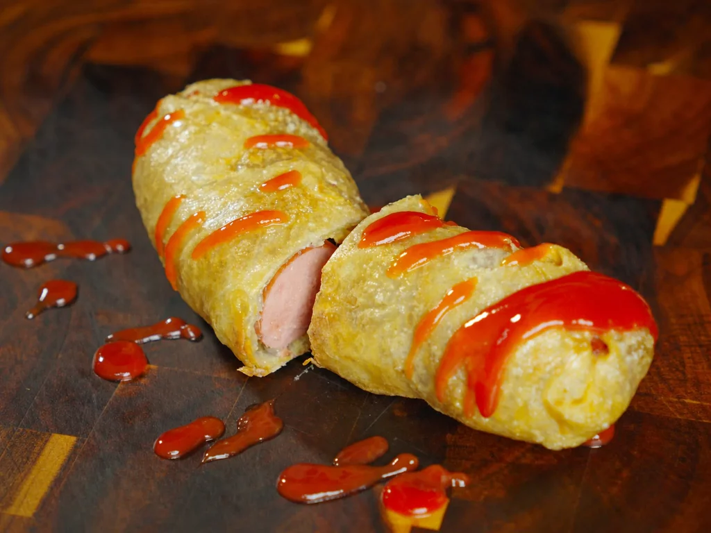 Reispapier Hot Dog mit knuspriger Hülle, halbiert mit Blick auf die Wurst, mit Ketchup beträufelt