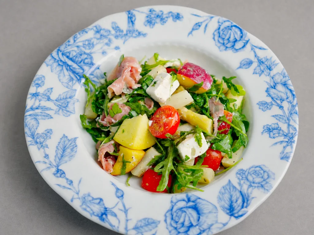 Sommersalat mit geröstetem Spargel, Serrano-Schinken, Feta, Pfirsich und Kirschtomaten auf blau-weiß gemustertem Teller