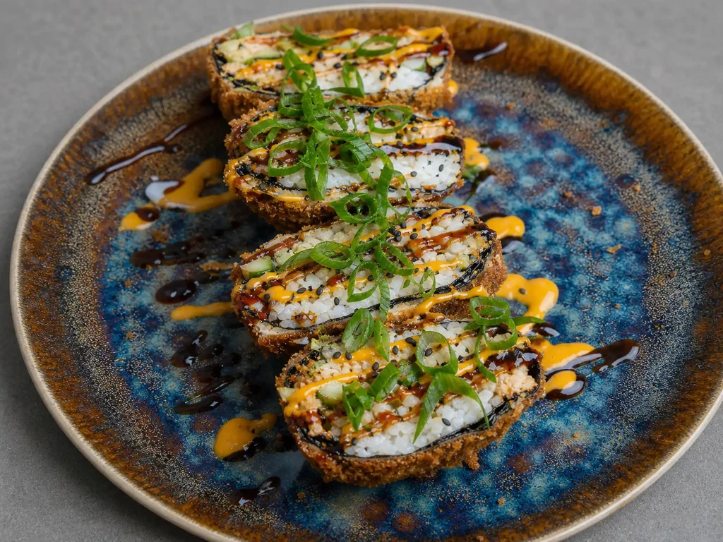Sushi Burger – frittierte Sushi-Burger mit Lachs, Avocado und Sriracha-Mayo, aufgeschnitten