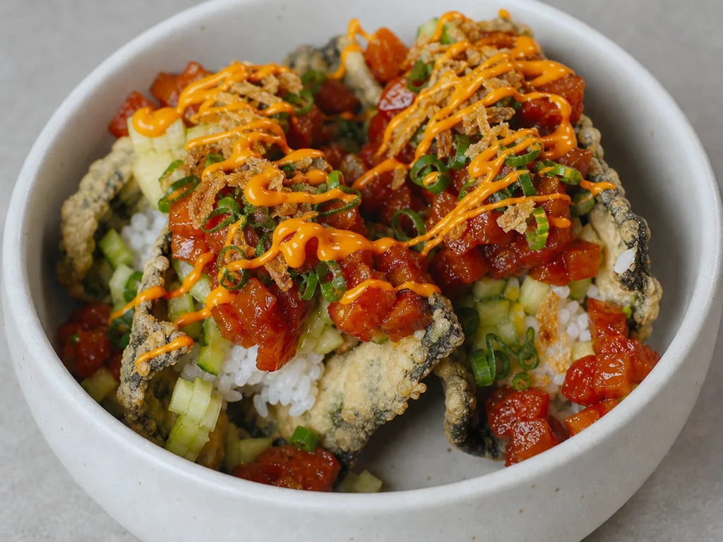 Sushi Tacos mit marinierten Lachswürfeln und Sriracha-Mayo in einer Schale