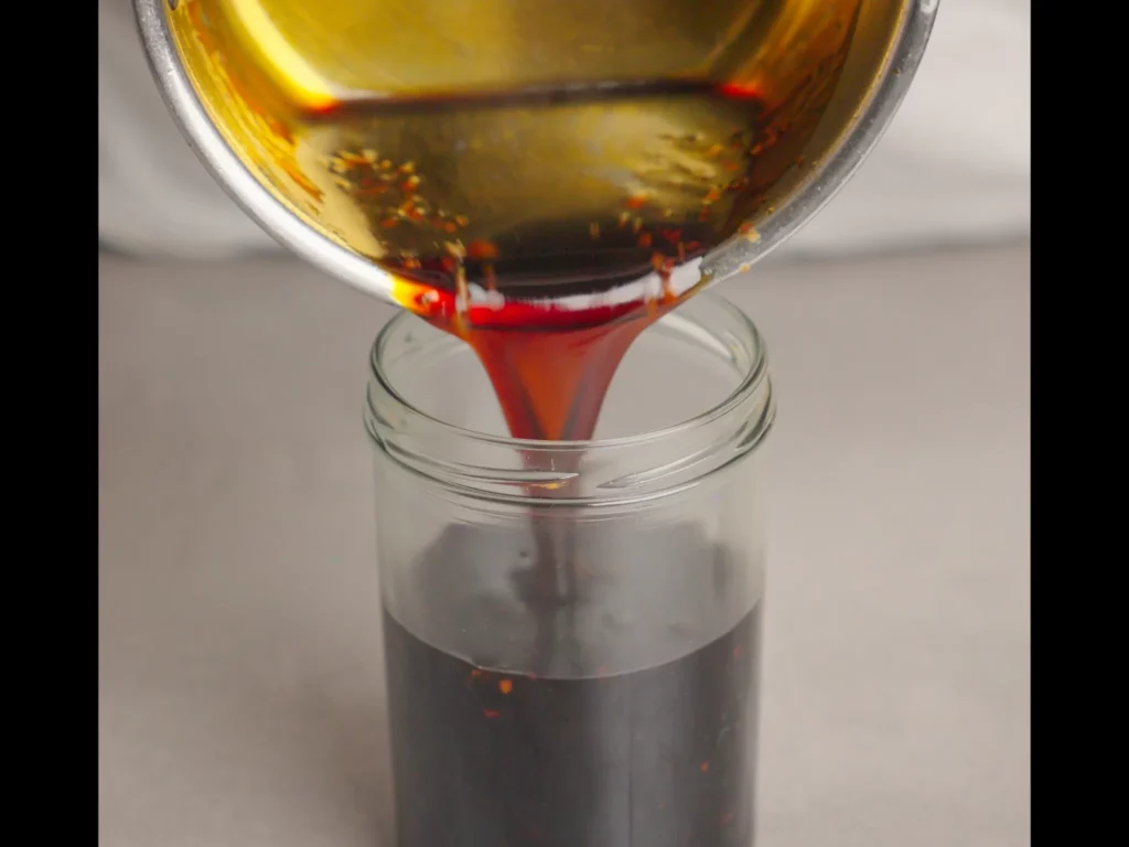 Glänzende Teriyaki-Soße wird in ein Glas gegossen