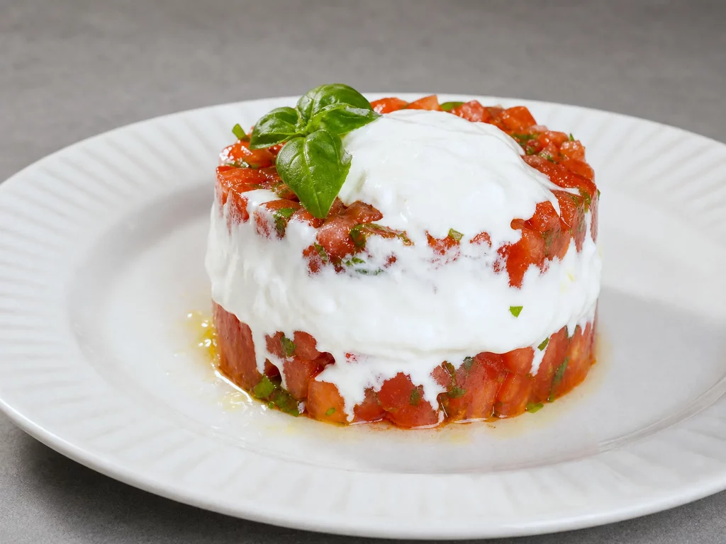 Tomaten Stracciatella Tartar angerichtet im Ring mit Basilikum auf weißem Teller