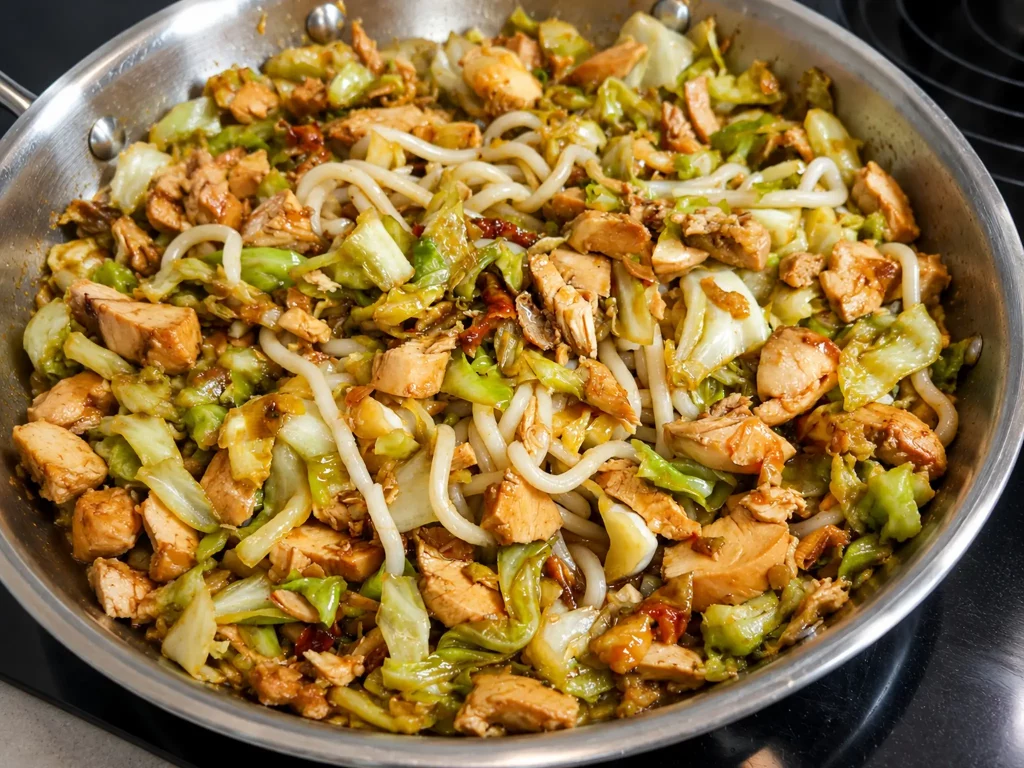 Udonnudel-Pfanne mit Hähnchen und Spitzkohl – asiatische Nudelpfanne in der Pfanne, von oben