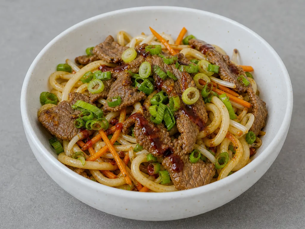Udon Pfanne mit Rinderstreifen, Karotten und Frühlingszwiebeln in einer Schale