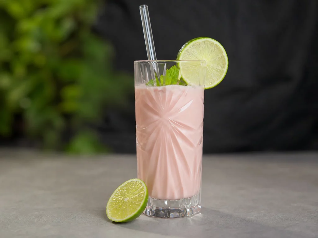 Wassermelonen-Drink mit Joghurt und Limette im Glas mit Minze