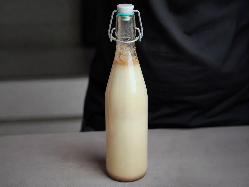 Weihnachtlicher Mandel-Zimt-Likör – cremiger Likör in Bügelflasche, Frontalansicht