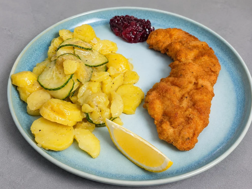 Souffliertes Wiener Schnitzel – paniertes Schnitzel mit Blasenpanade, Kartoffel-Gurken-Salat und Preiselbeeren auf dem Teller